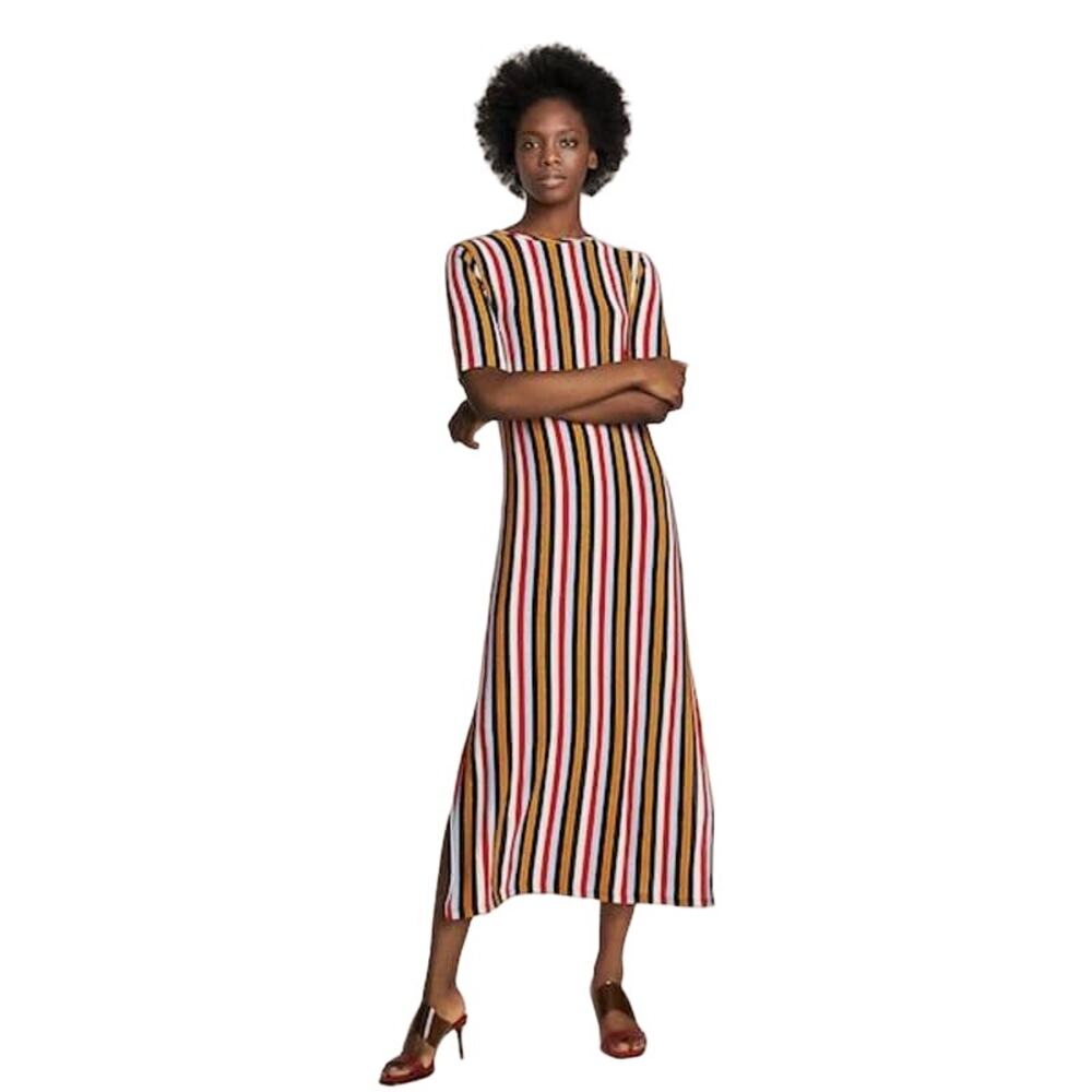 Striped Short-Sleeve Midi Dress in Multicolor